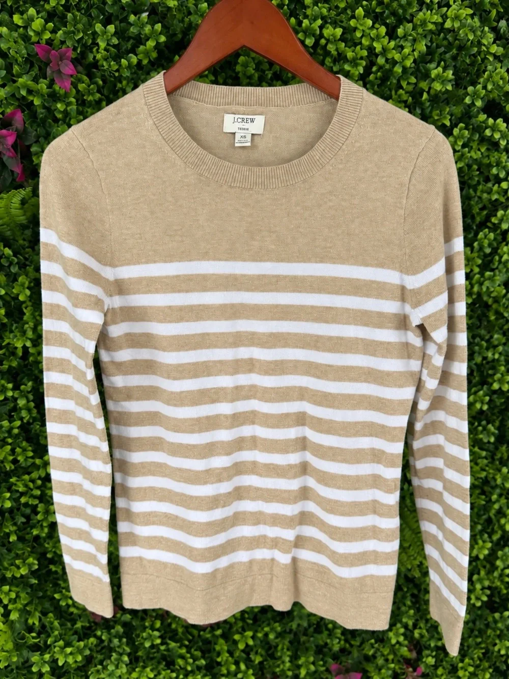 J.Crew Teddie 100% Cotton Striped Sweater Tan White XS Small Classic Nautical